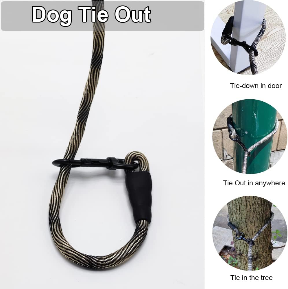 BTINESFUL Tie-Out Check Cord Long Rope Dog Tether, 8ft 12ft 20ft 30ft 50ft Dog Lead for Yard, Large Medium Dogs Oudoor Training, Playing, Camping, or Backyard (30ft, Beige Black)