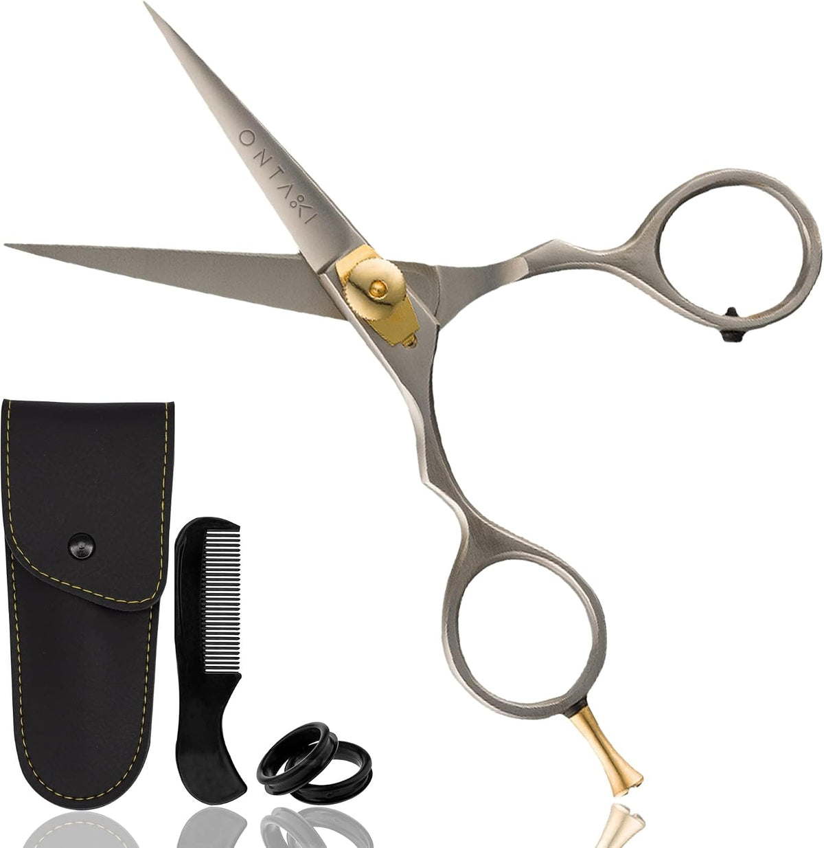 Ontaki Beard & Mustache Scissors for Men - 5.5" Japanese Steel, Silver - Precision Sharp Blades, Ergonomic Finger Rest & Adjustable Tension Screw for Perfect Trimming - Beard Grooming Scissors