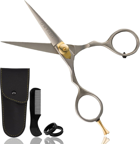 Ontaki Beard & Mustache Scissors for Men - 5.5" Japanese Steel, Silver - Precision Sharp Blades, Ergonomic Finger Rest & Adjustable Tension Screw for Perfect Trimming - Beard Grooming Scissors