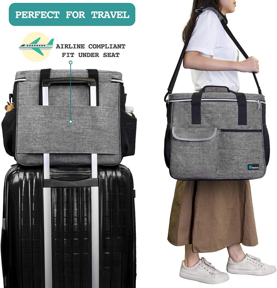 PetAmi Dog Travel Bag Organizer, Pet Travel Kit with 2 Food Containers & 2 Collapsible Dog Bowls, Pet Supplies Tote with Luggage Sleeve, Weekend Road Trip Camping Essentials, Gray, Large