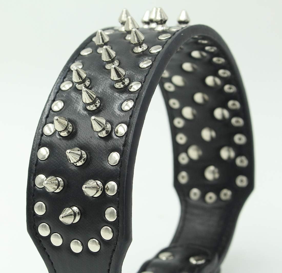 BONAWEN Leather Dog Collar Studded Dog Collar with Spikes for Large Medium Dogs,2" Width