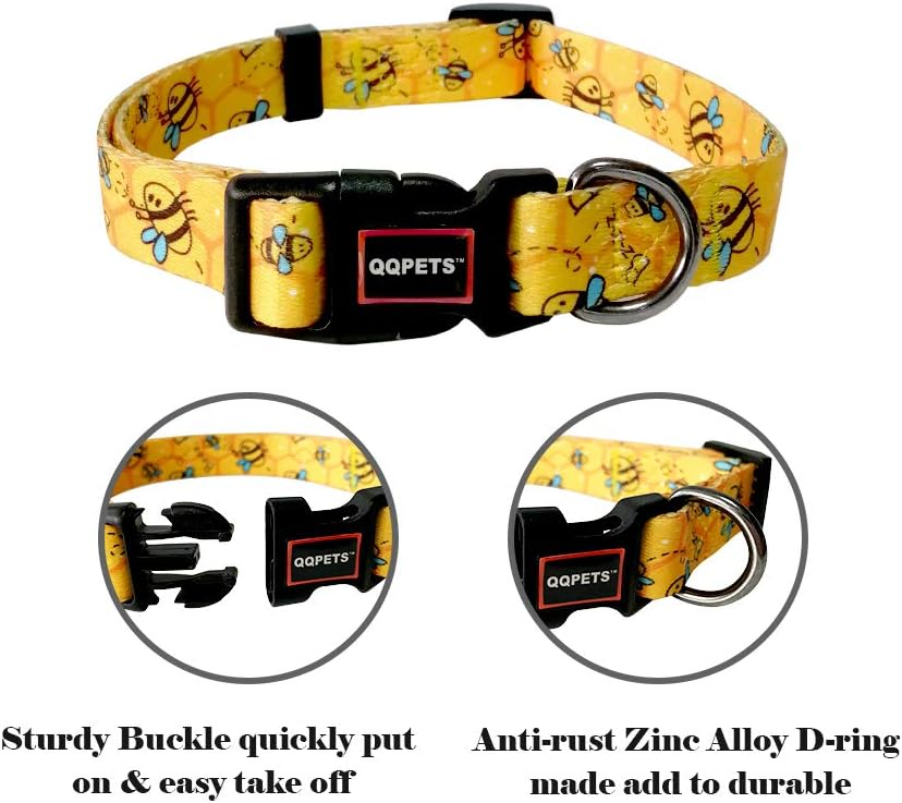 QQPETS Adjustable Soft Dog Collar: Print Flower Pink Multicolor Cute Patterns for XS Small Medium Large Pet Girl Boy Puppy Walking Running Training (M, Yellow Bee)