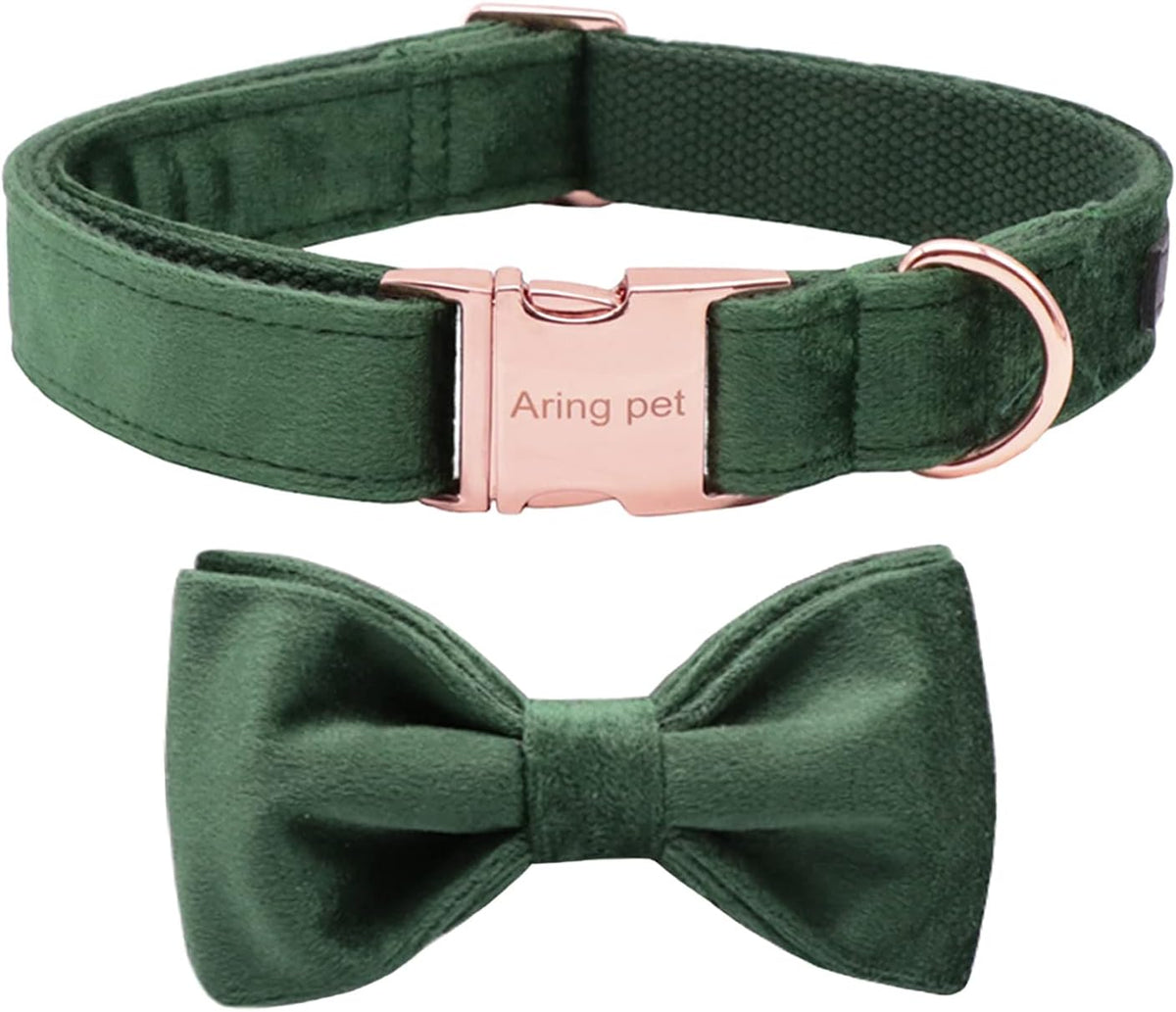 ARING PET Christmas Dog Collars with Bowtie, Cute Xmas Green Velvet Pet Bow Tie Collar with Metal Buckle for Puppy Small Medium Large Boy Girl Dogs-S