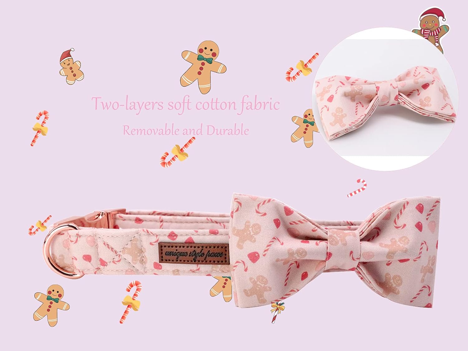 Unique style paws Dog Collar, Pet Collar Dog Bowtie Gift for Girl or Boy Dogs, Christmas Gingerbread Man Adjustable Dog Collar for X-Small Dogs
