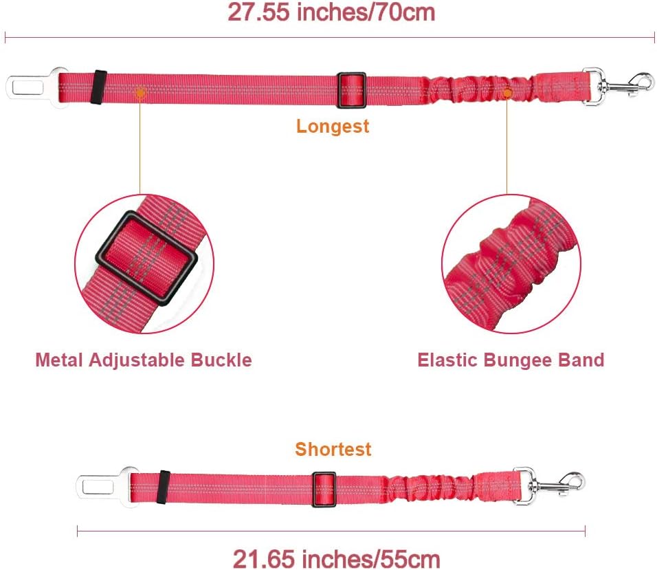 SlowTon Dog Seatbelt, 2 Pack Dog Seat Belt Car Leash Adjustable Elastic Bungee Buffer Heavy Duty Nylon Reflective Pet Safety Tether Connect to Dog Harness for Travel Riding in Vehicle Daily Use