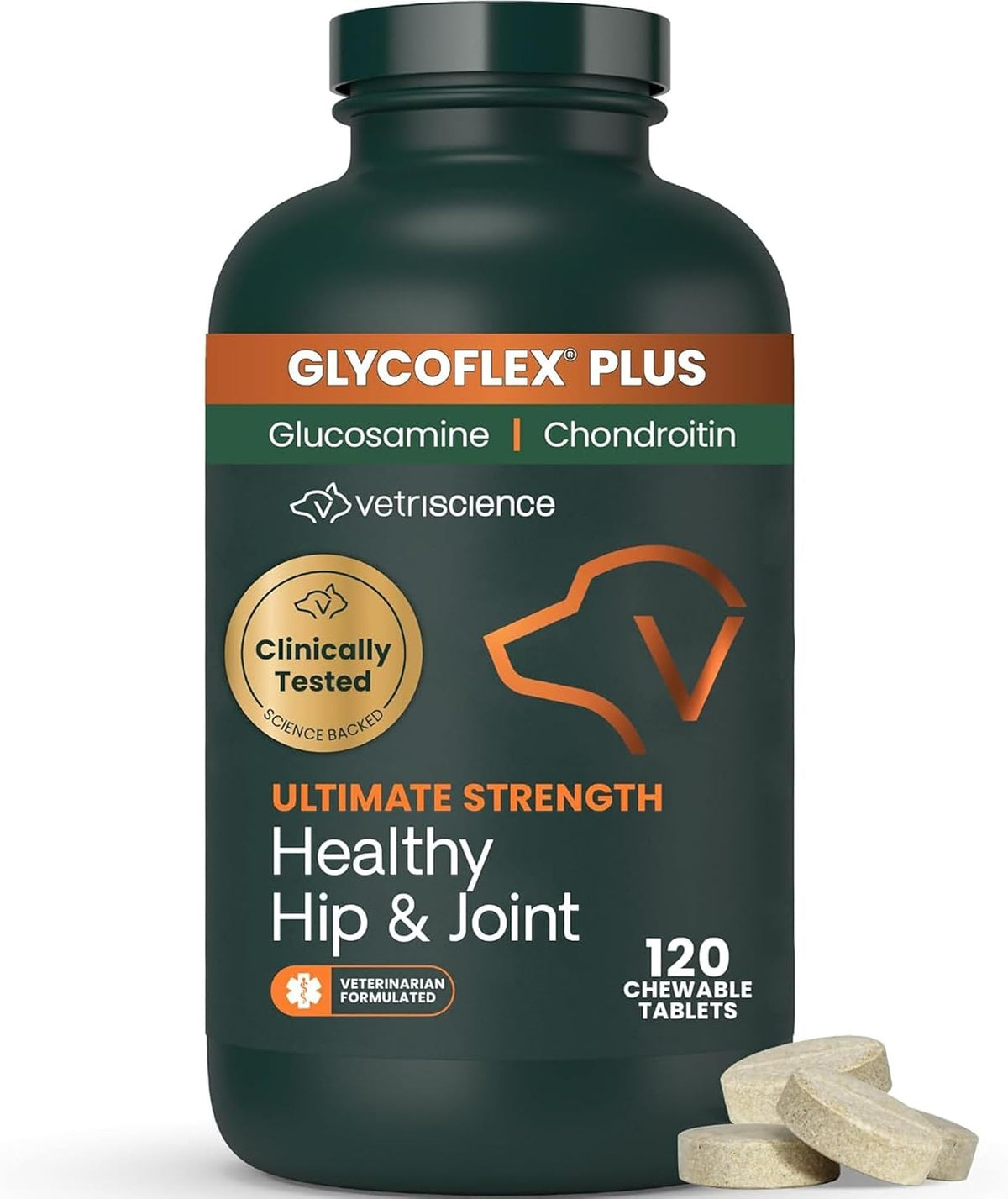 VetriScience Ultimate Strength Healthy Hip & Joint Chewable Tablets, GlycoFlex Glucosamine, Chondroitin and Green-Lipped Mussel Joint Supplement for Dogs, Soothe Joint Discomfort, Chicken, 120 Count