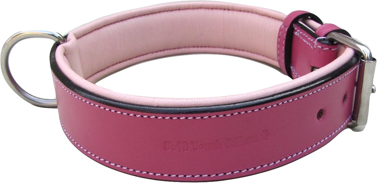 Raspberry Pink Leather Padded Dog Collar, for Large Female Dogs, Made with Genuine Real Leather, 24" Long x 1.5" Wide