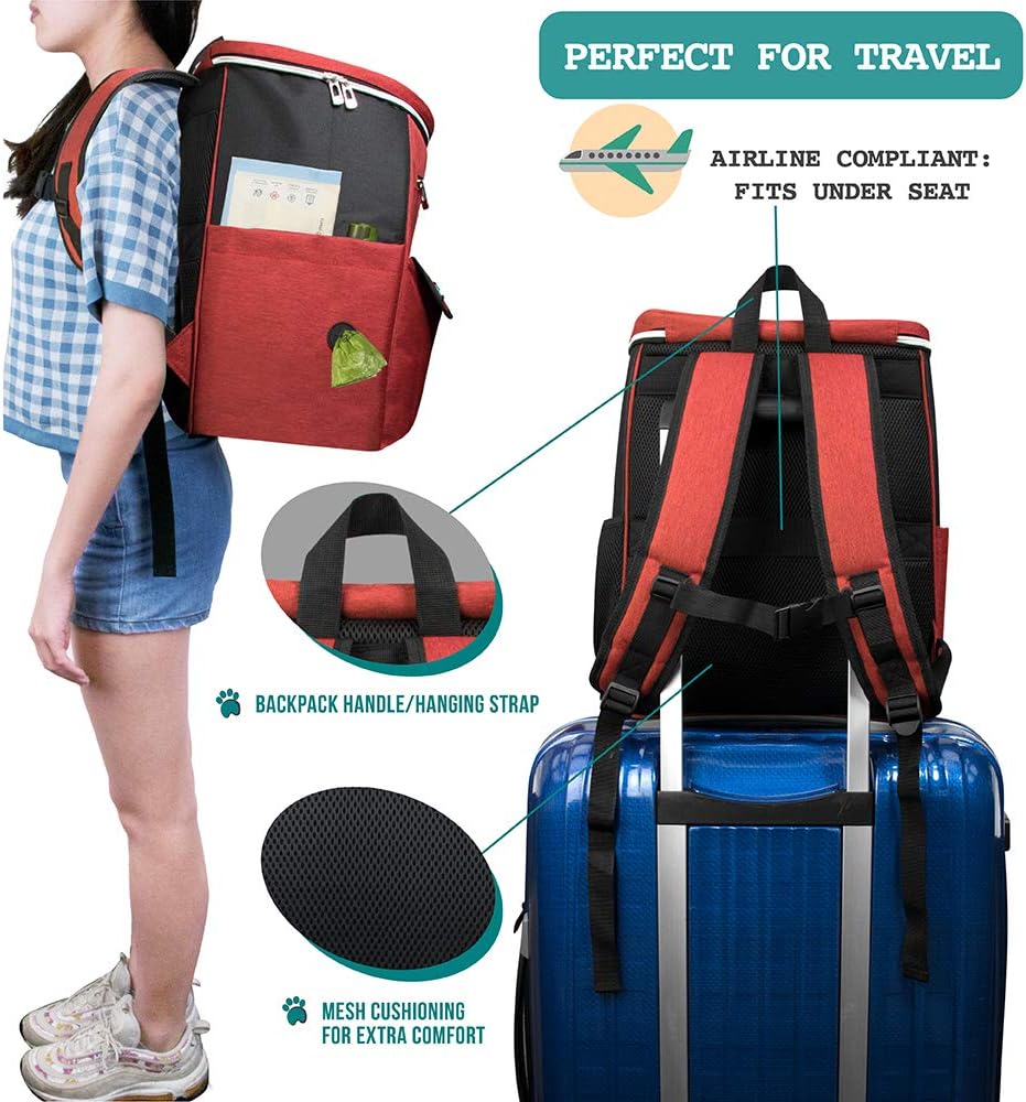 PetAmi Dog Travel Bag Backpack, 27L Airline Approved Pet Supplies Organizer with 2 Food Containers, 2 Collapsible Bowls & Poop Bag Dispenser, Weekend Road Trip Camping Dog Mom Gift, Red