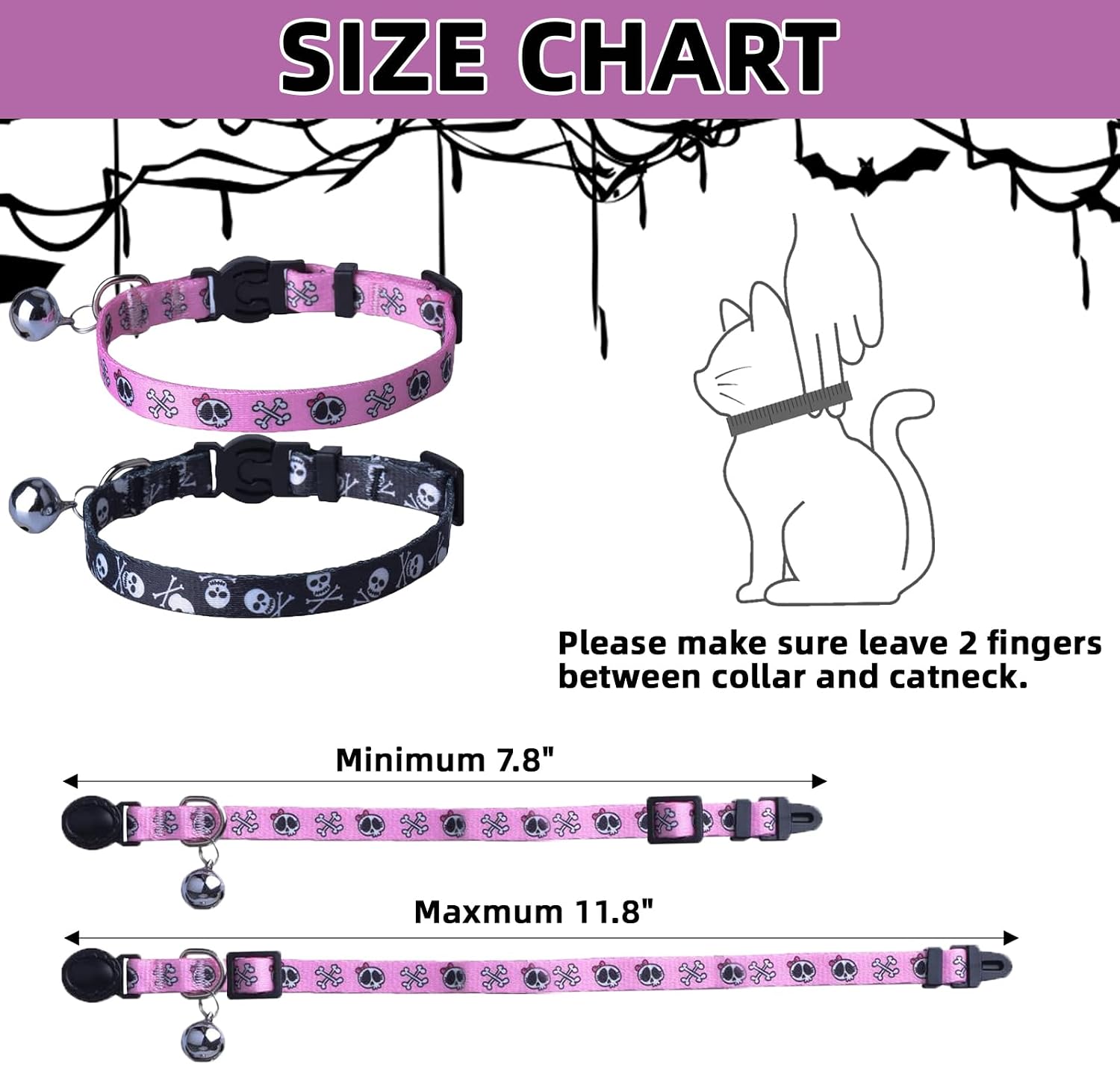 PUPTECK Cat Collar Breakaway with Bells, Kitten Collar Outfit Adjustable for Girl Boy Small Pet Puppy Bunny, Cute Costume Accessory with Safety Release Buckle (Skull)