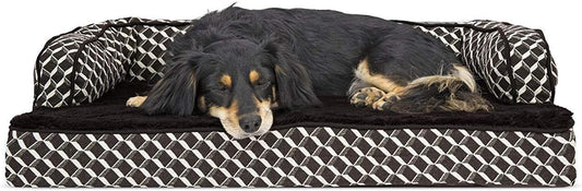 Furhaven Orthopedic Dog Bed for Medium/Small Dogs w/ Removable Bolsters & Washable Cover, For Dogs Up to 35 lbs - Plush & Woven Decor Comfy Couch Sofa - Diamond Brown, Medium