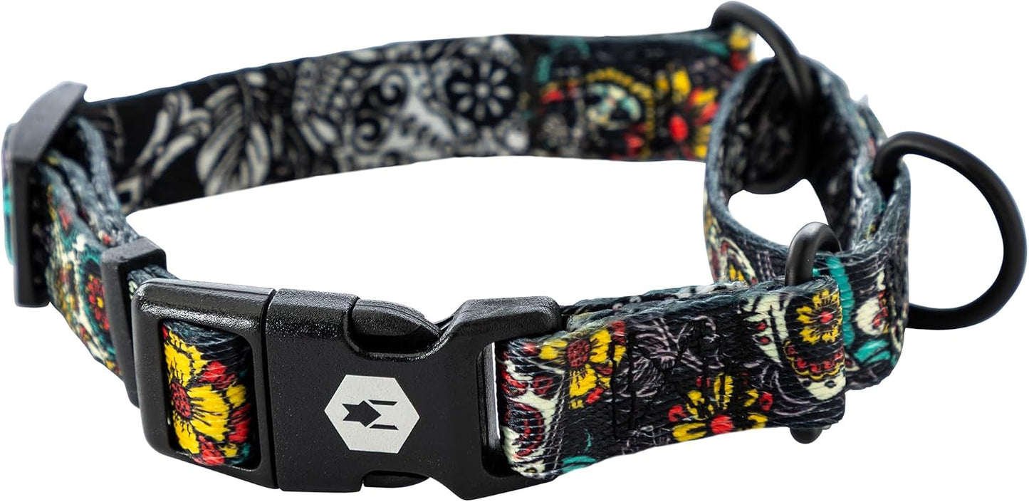 Wolfgang Heavy Duty Martingale Dog Collar with Quick Release Nylon Buckle for Walking & Training, LosMuertos Print, Small