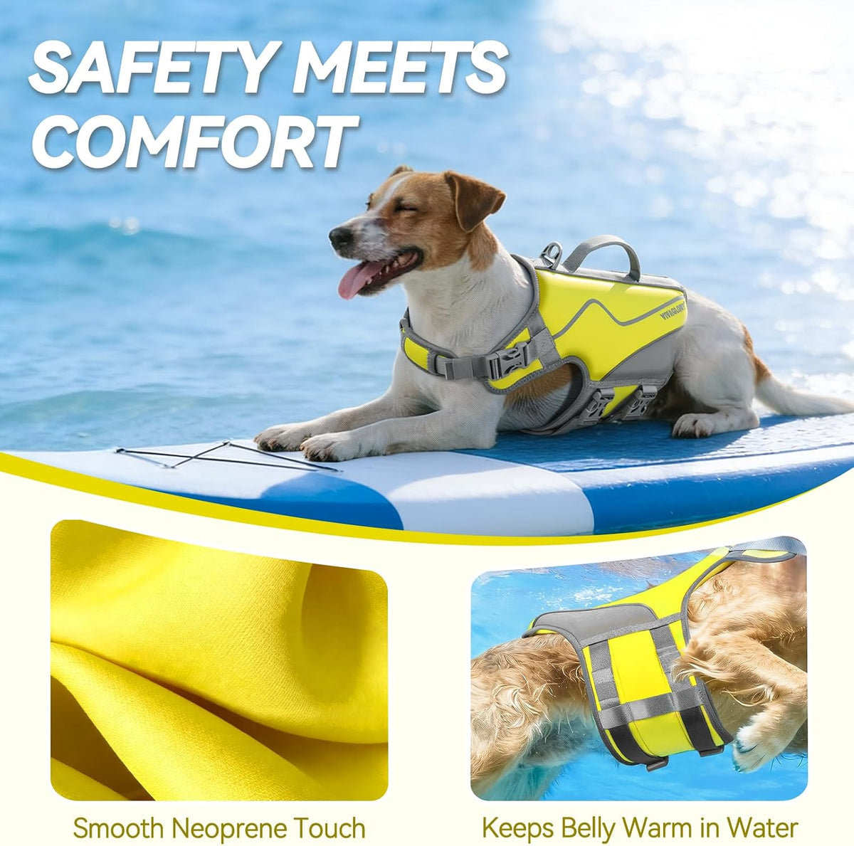 VIVAGLORY Dog Life Vest Neoprene Dog Swim Vest, XS, Alpha Yellow | High Visibility Adjustable for Doggy Cat Puppy, Lifejacket with Leash Ring & Handle for Swimming & Boating