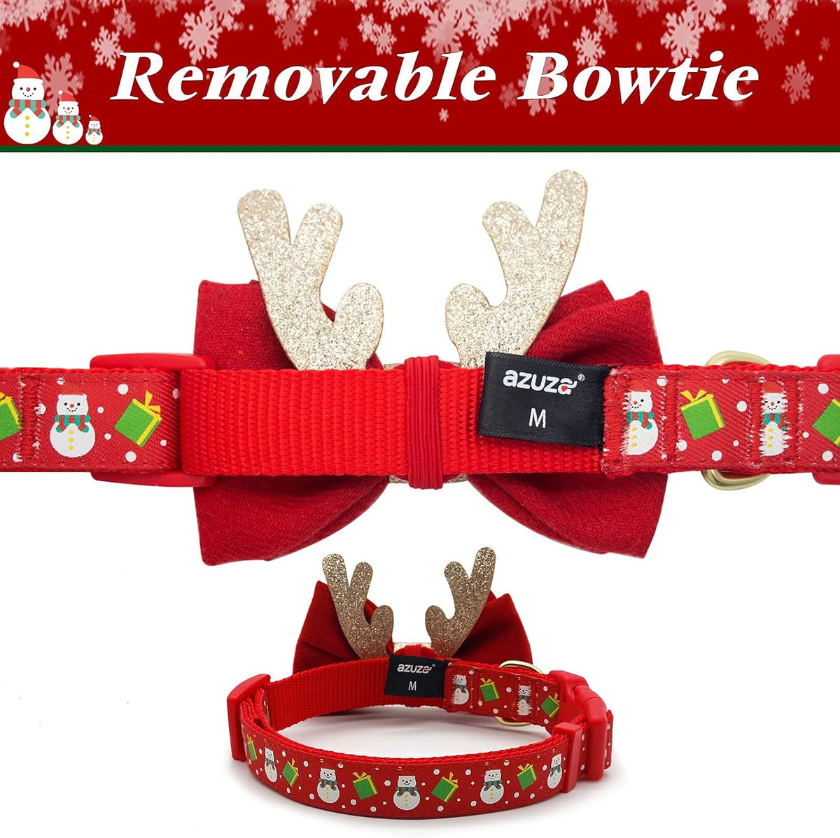 azuza Christmas Dog Collar Adjustable Xmas Dog Collars with Christmas Antler Bow tie Accessories Snowman Dog Collar for Medium Dogs