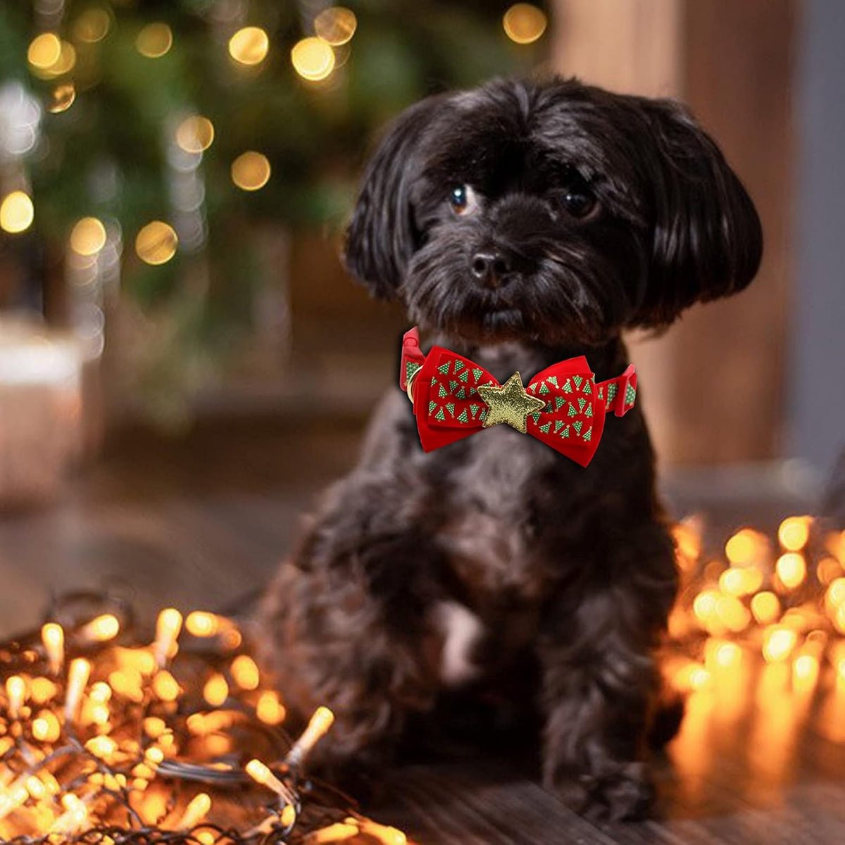 Azuza Christmas Dog Collar with Bow Tie - Adjustable Festival Green Tree Collar for Medium Dogs