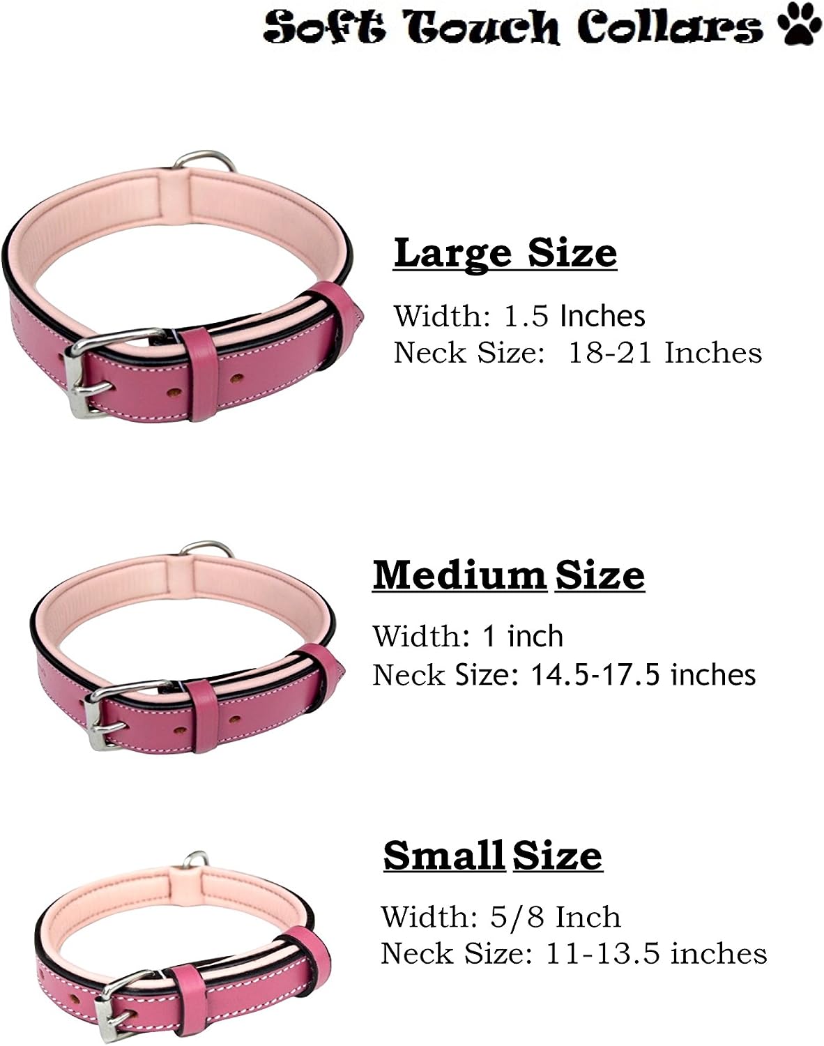 Raspberry Pink Leather Padded Dog Collar, for Large Female Dogs, Made with Genuine Real Leather, 24" Long x 1.5" Wide