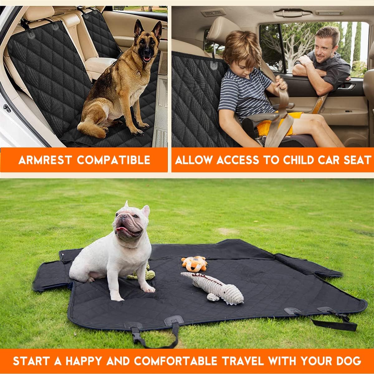 Yuntec Dog Car Seat Cover, Back Seat Cover for Dogs Pet Car Seat Protector Waterproof Rear Seat Cover Durable Car Seat Cover, fits Middle Armrest for Most Cars SUVs Trucks (53” Width)- Black