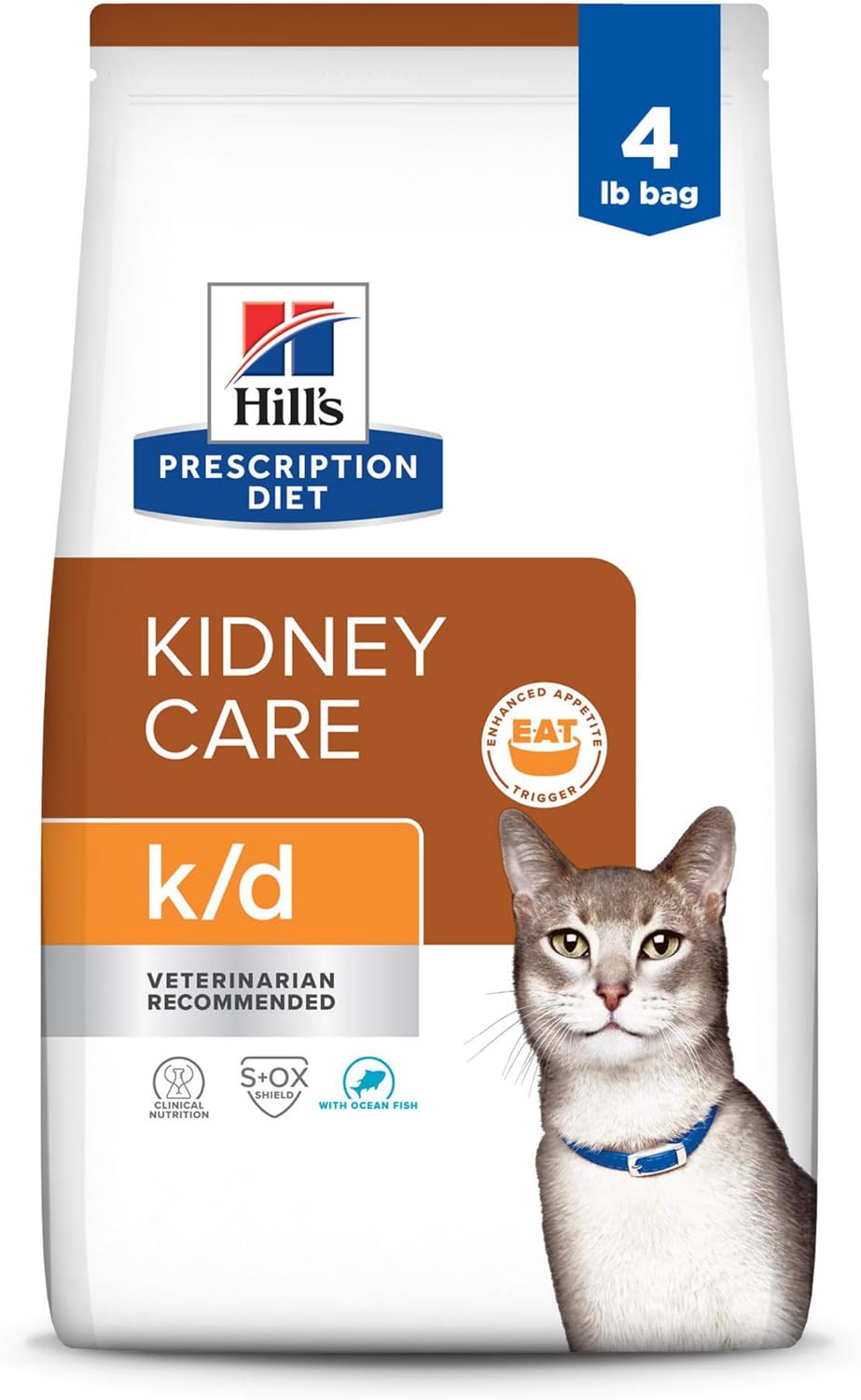 Hill's Prescription Diet k/d Kidney Care Dry Cat Food, Ocean Fish, 4 lb. Bag