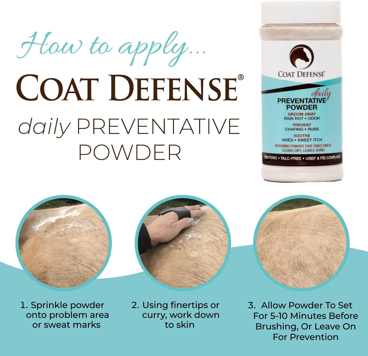 COAT DEFENSE Daily Preventative Powder & Rain Rot Treatment for Horses | Safe & Effective Equine Sweet Itch, Skin Funk, Scratches | Dry Horse Shampoo, 64 oz. | All Natural Ingredients