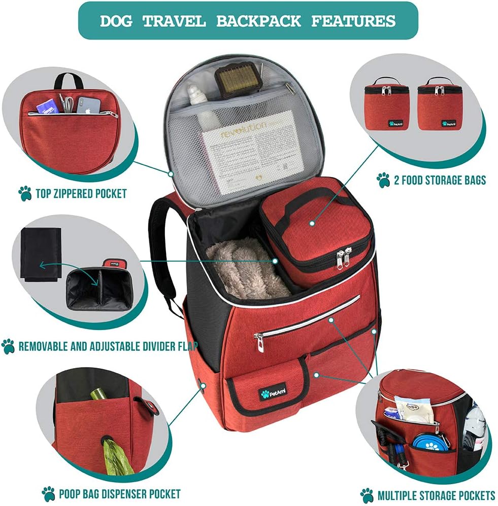 PetAmi Dog Travel Bag Backpack, 27L Airline Approved Pet Supplies Organizer with 2 Food Containers, 2 Collapsible Bowls & Poop Bag Dispenser, Weekend Road Trip Camping Dog Mom Gift, Red
