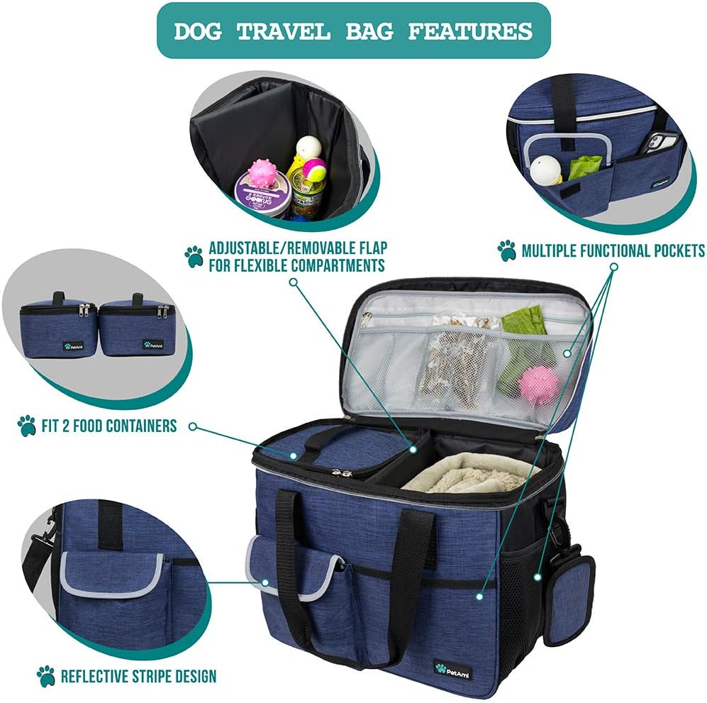 PetAmi Dog Travel Bag Organizer, Pet Travel Kit with 2 Food Containers & 2 Collapsible Dog Bowls, Pet Supplies Tote with Luggage Sleeve, Weekend Road Trip Camping Essentials, Navy Blue, Medium