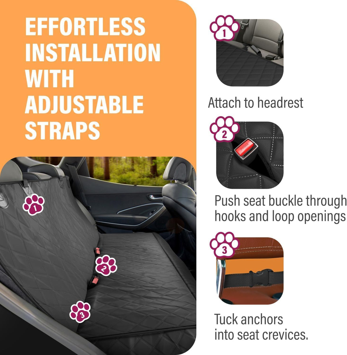 Active Pets Dog Car Seat Cover for Back Seat, Waterproof Pet Hammock Protector, Durable Nonslip Seat Protection SUV Truck, Standard 53"x56", Orange