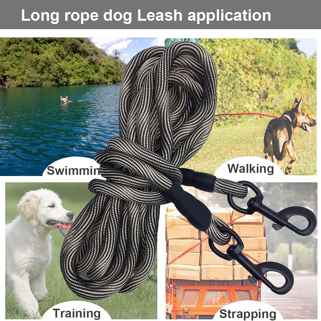 BTINESFUL Tie-Out Check Cord Long Rope Dog Tether, 8ft 12ft 20ft 30ft 50ft Dog Lead for Yard, Large Medium Dogs Oudoor Training, Playing, Camping, or Backyard (30ft, Beige Black)