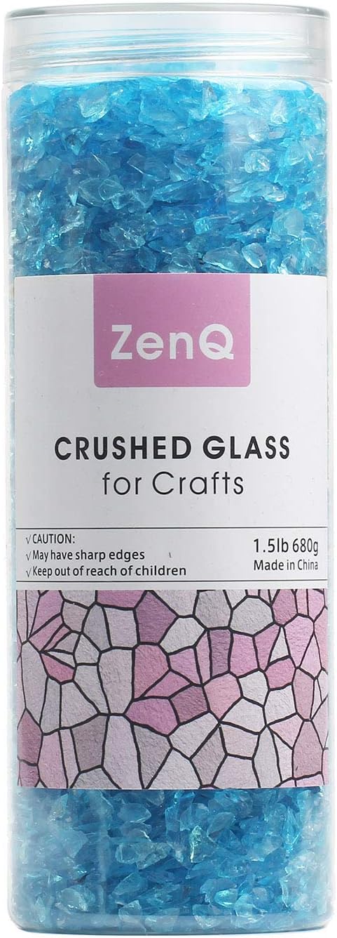 ZenQ Crushed Glass for Crafts, Resin Art. Sea Blue, 1.5 lbs