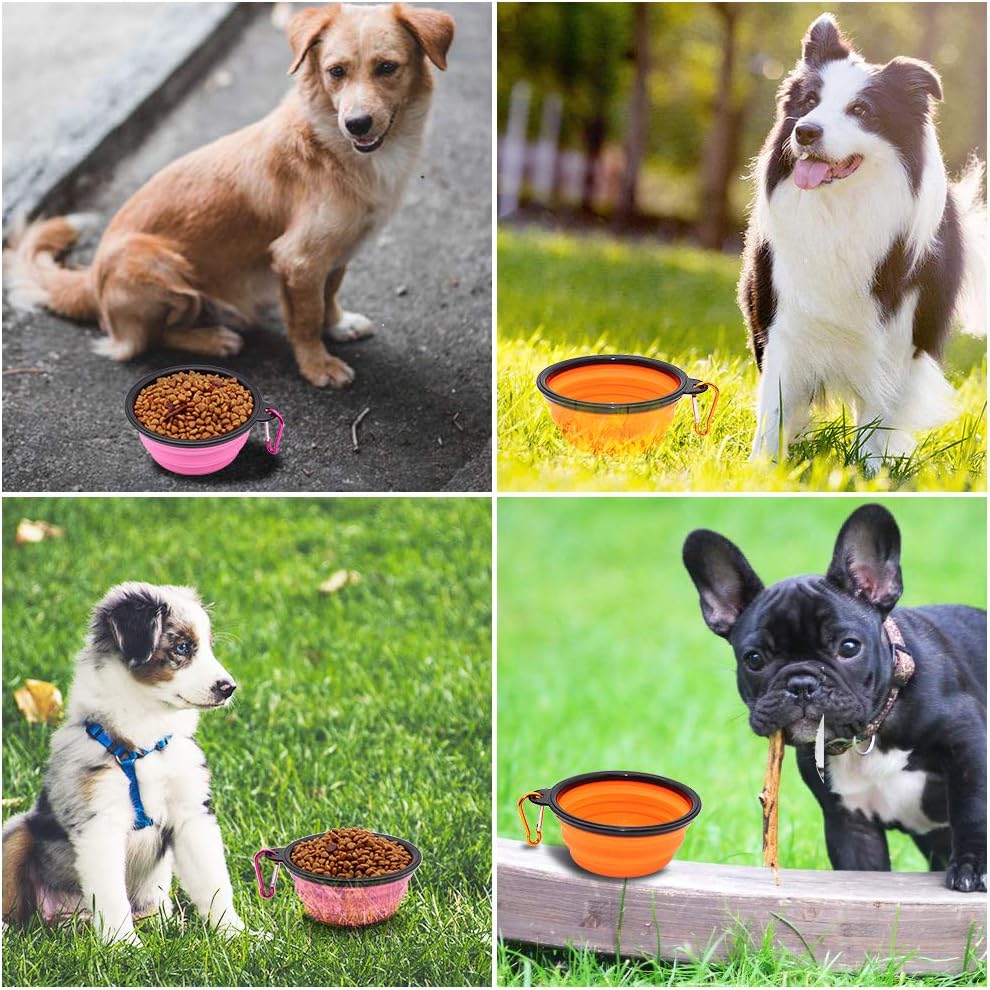 SLSON Collapsible Dog Bowls, 2 Pack, Portable Pet Feeding Watering Dish for Traveling with Carabiners (Small, Orange+Pink)