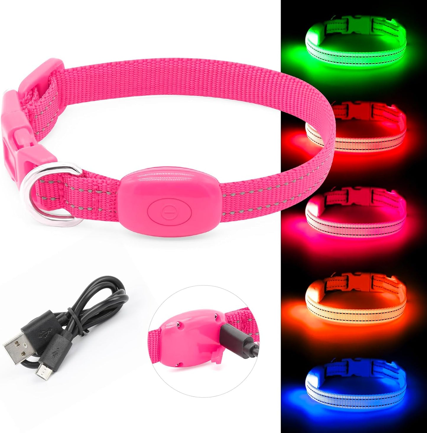 BSEEN Light Up Dog Collar, Rechargeable LED Dog Collar Glow in the Dark Cat Collar Reflective Puppy Collar Safety Dog Lights for Night Walking (Pink, XS)