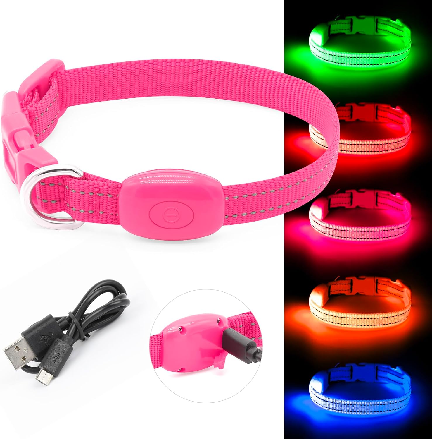 BSEEN Light Up Dog Collar, Rechargeable LED Dog Collar Glow in the Dark Cat Collar Reflective Puppy Collar Safety Dog Lights for Night Walking (Pink, XS)