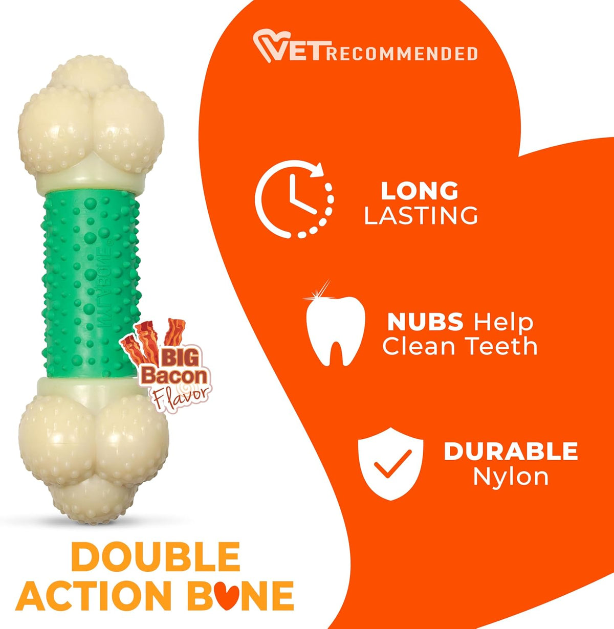 Nylabone Double Action Bone Power Chew Toy for Dogs, Dog Toys for Aggressive Chewers, Bacon Flavor, X-Large - 50+ lbs, 1 Count