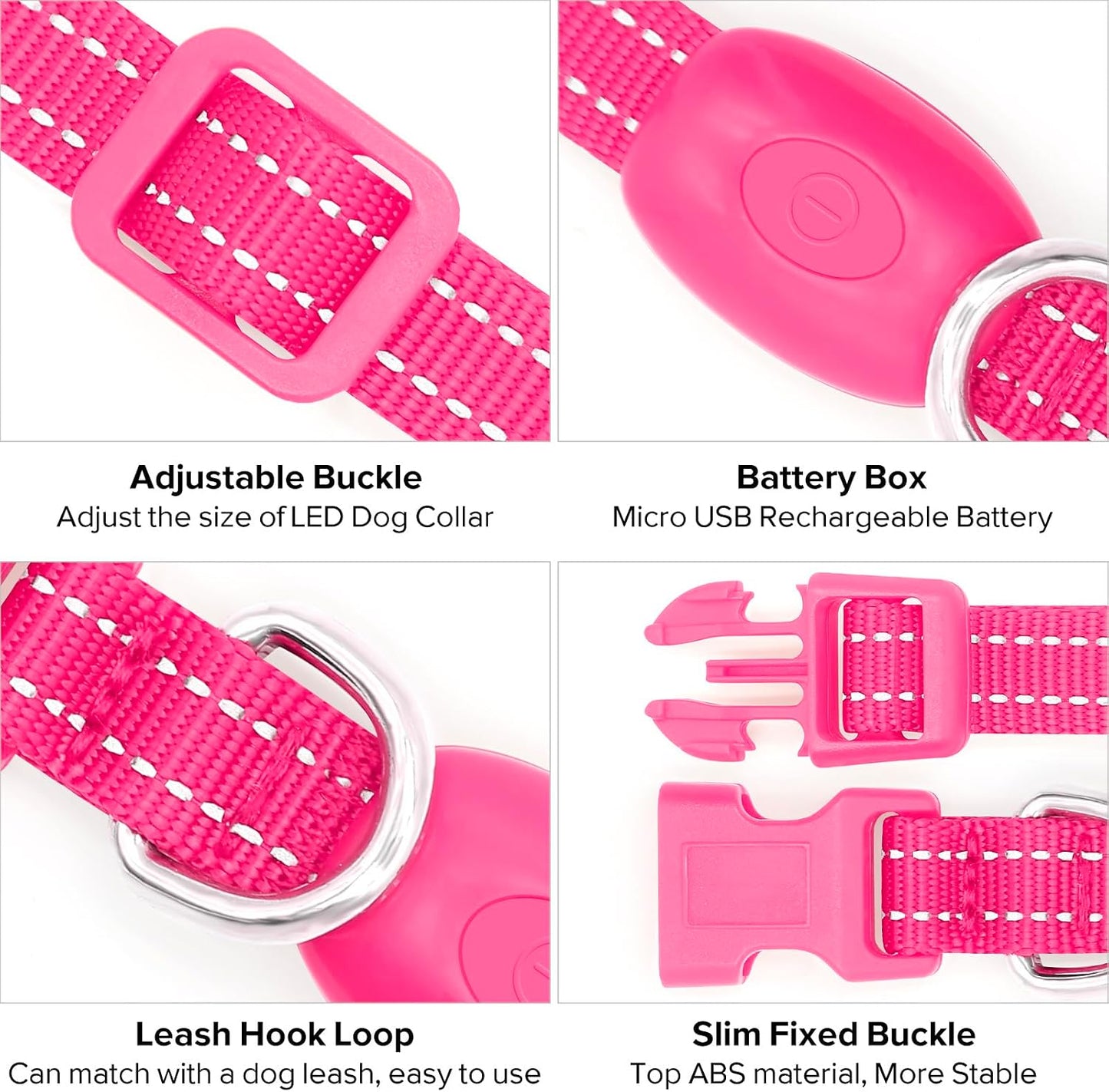 BSEEN Light Up Dog Collar, Rechargeable LED Dog Collar Glow in the Dark Cat Collar Reflective Puppy Collar Safety Dog Lights for Night Walking (Pink, XS)