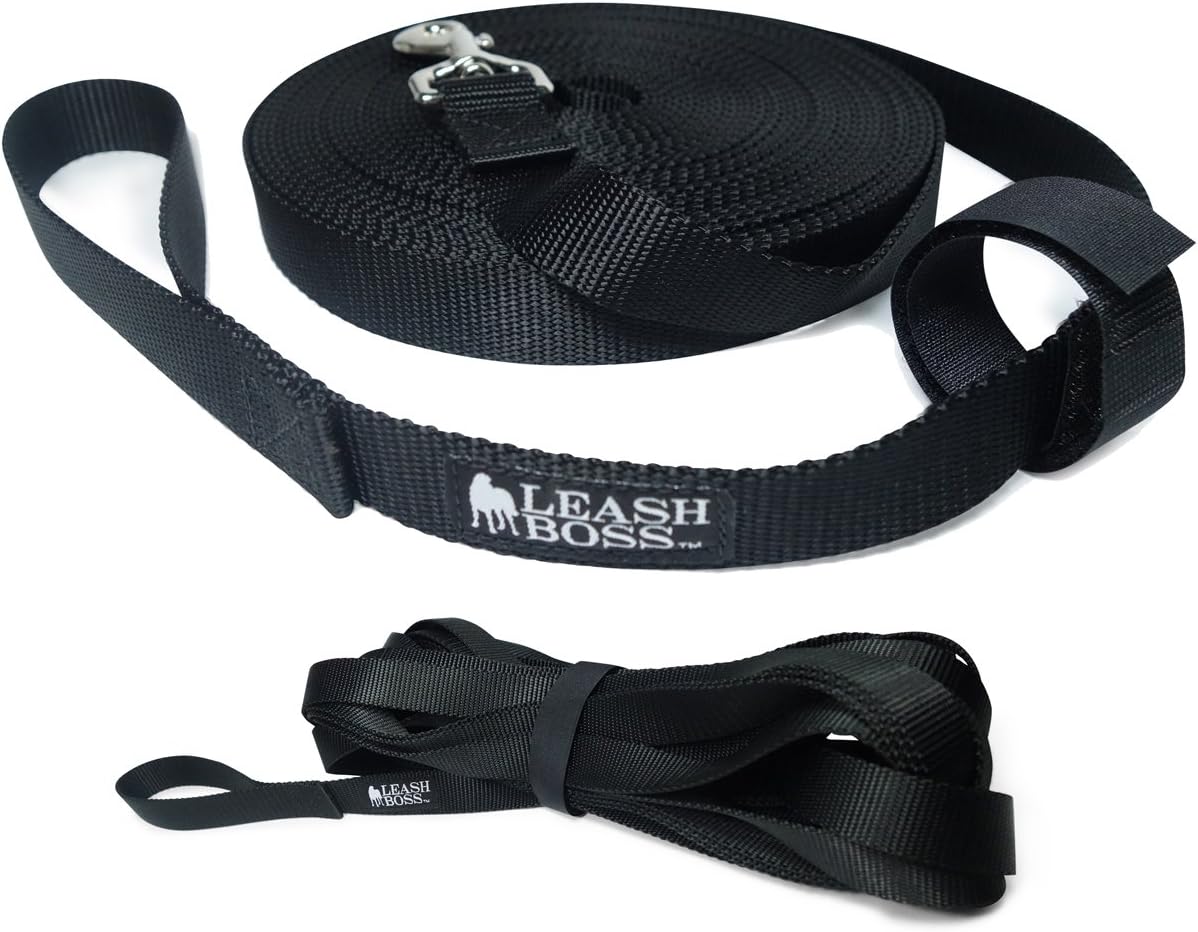 Leashboss Extra Long Dog Leash - Long Lead Leash for Dog Training - Recall Leash for Dogs Outside 30 Foot Black