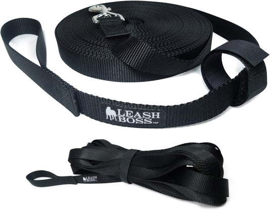 Leash Boss Long Trainer - 1 Inch Nylon Long Dog Training Leash with Storage Strap (15 Ft, Black)