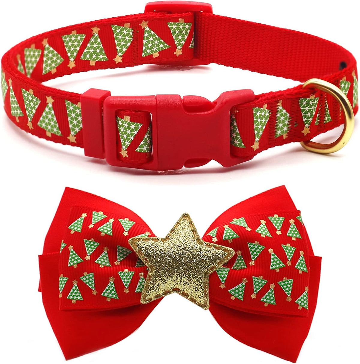 Azuza Christmas Dog Collar with Bow Tie - Adjustable Festival Green Tree Collar for Medium Dogs