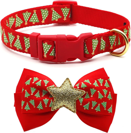 Azuza Christmas Dog Collar with Bow Tie - Adjustable Festival Green Tree Collar for Medium Dogs