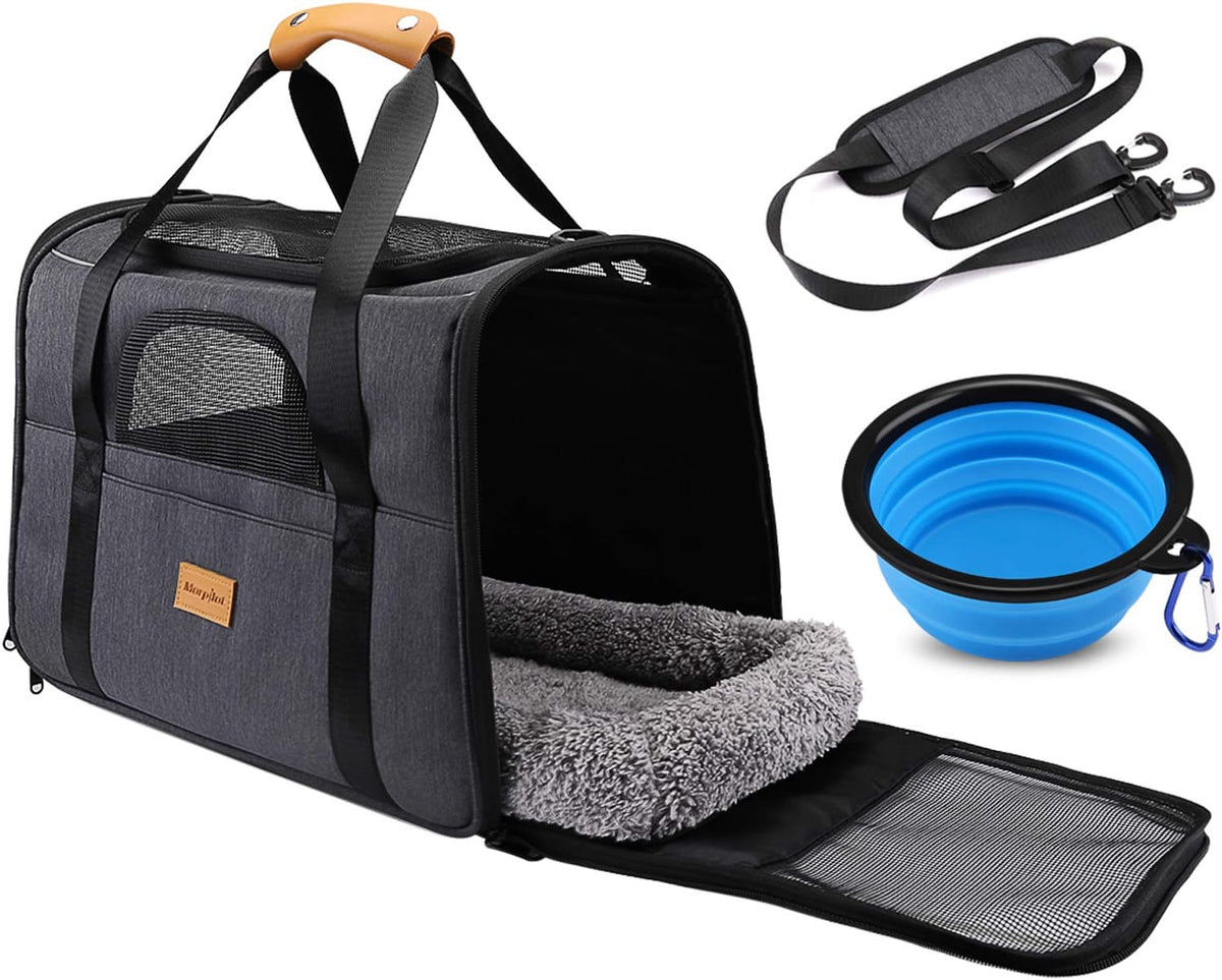 Morpilot Cat Carrier - Cat Carrier Soft for Medium or Large Cats up to 20lbs, with Dual-Sided Cushion, Secure Buckle and Foldable Bowl, Dog Carriers for Small Dogs - Pet Carrier (Dark Gray)