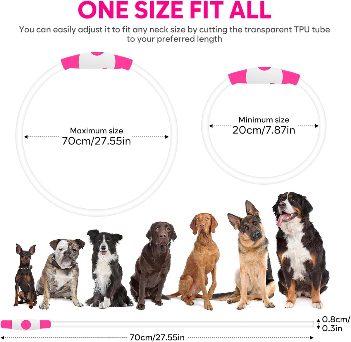 HIGO LED Dog Collar, USB Rechargeable Light Up Dog Collars Glow in the Dark, Waterproof LED Dog Necklace for Your Dogs Walking at Night (Pink)