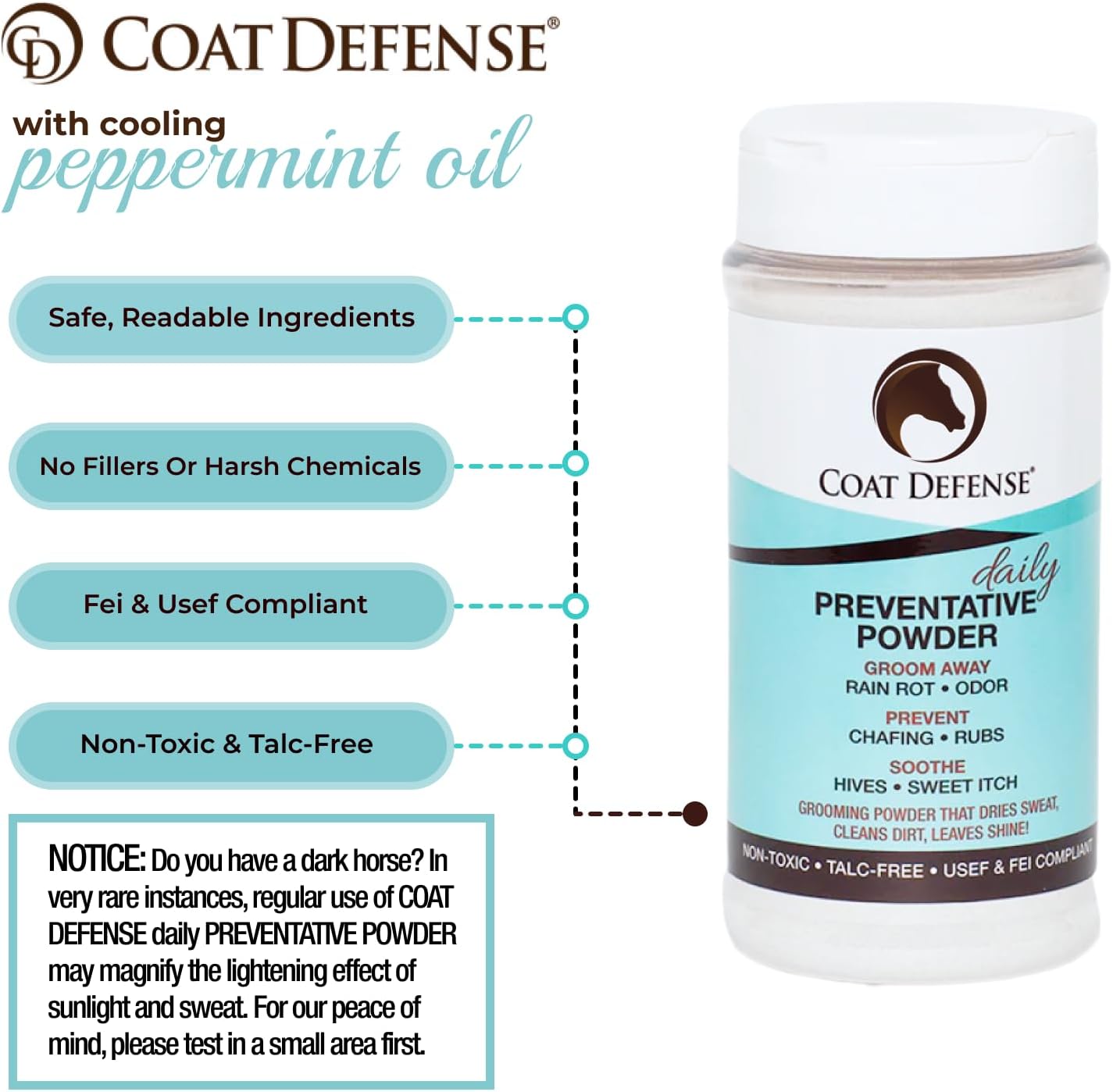 COAT DEFENSE Daily Preventative Powder & Rain Rot Treatment for Horses | Safe & Effective Equine Sweet Itch, Skin Funk, Scratches | Dry Horse Shampoo, 64 oz. | All Natural Ingredients