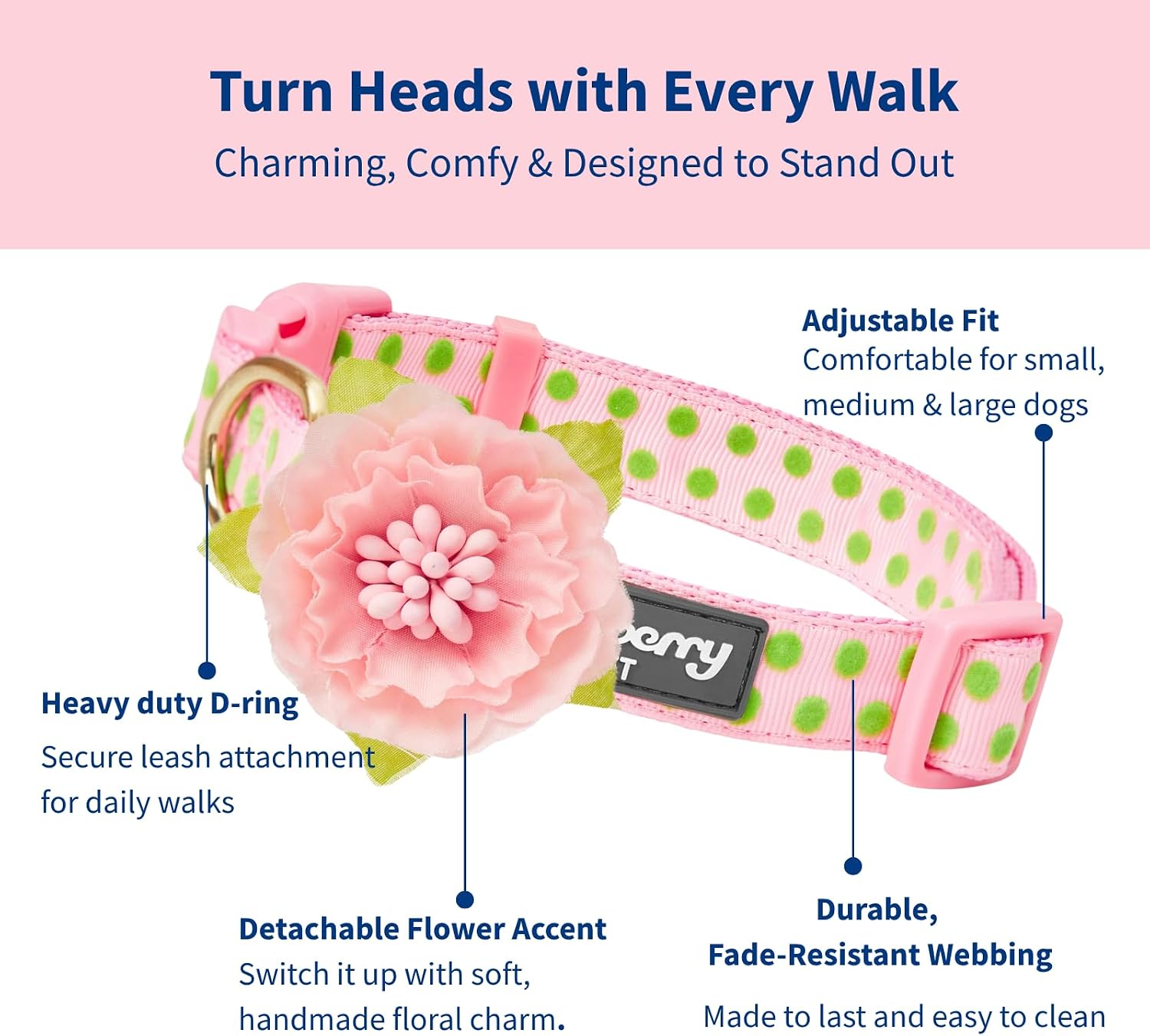 Blueberry Pet Adjustable Flocking Dog Collar with Silk Flower, Polka Dot in Baby Pink, Large - Dog Collars for Small Dogs, Girl Dog Collars, Pink Dog Collar, Neck 18-26"