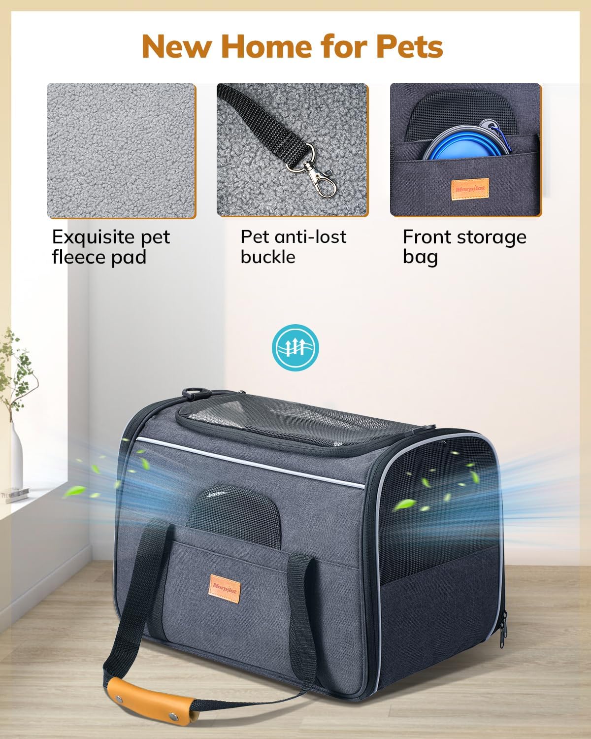 Morpilot Cat Carrier - Cat Carrier Soft for Medium or Large Cats up to 20lbs, with Dual-Sided Cushion, Secure Buckle and Foldable Bowl, Dog Carriers for Small Dogs - Pet Carrier (Dark Gray)