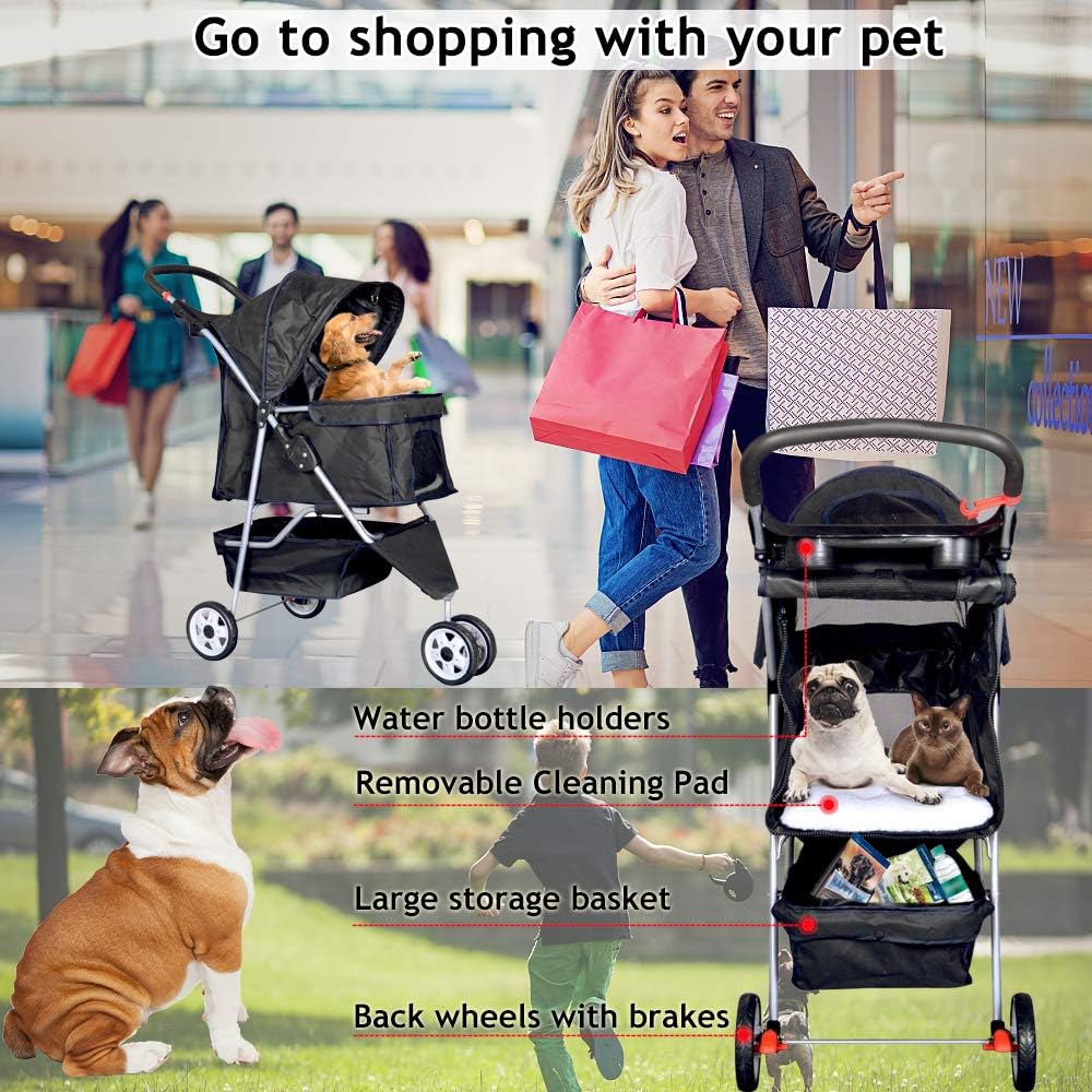 Dkeli 3-Wheel Pet Stroller, Lightweight Foldable Dog Stroller for Small Medium Dogs & Cats, Breathable Mesh & Weather Cover with Storage Basket, for Daily Walk Outdoor Travel (Black)