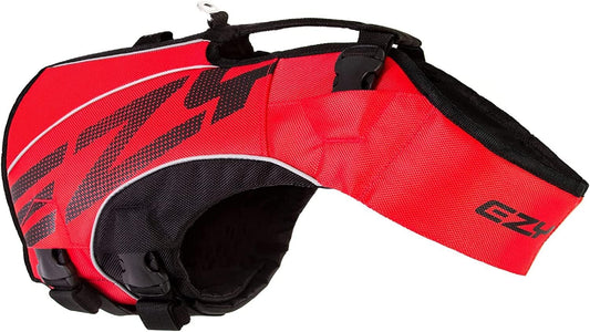 EzyDog DFD X2 Dog Life Jacket - Adjustable Swimming Safety Life Vest Preserver with Continuous Neck Flotation, Reflective Trim, & Grab Handle (Medium, Red)