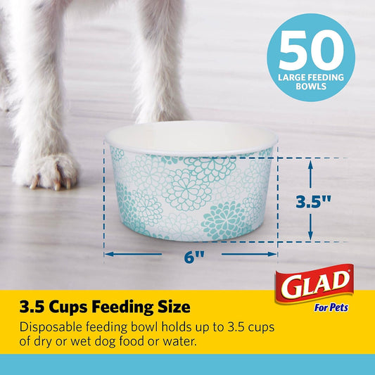 Glad for Pets Disposable Feeding Bowls | Large Dog Bowls in Teal Pattern | 3.5 Cup Feeding Size, 50 Count - Dog Bowls are Great for Dry and Wet Dog Food or Water (FF11350)