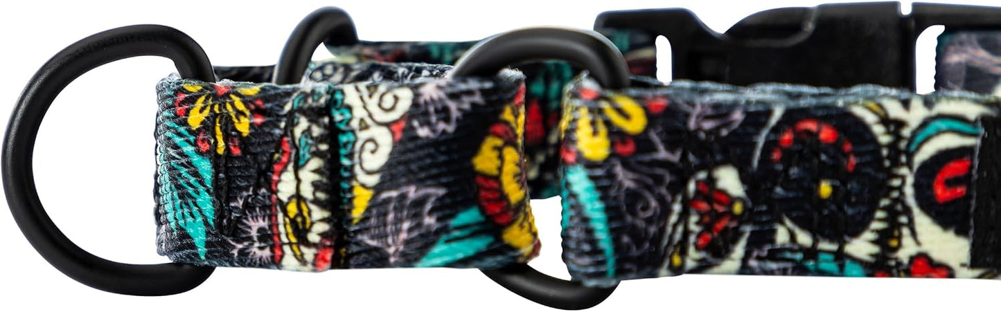 Wolfgang Heavy Duty Martingale Dog Collar with Quick Release Nylon Buckle for Walking & Training, LosMuertos Print, Small