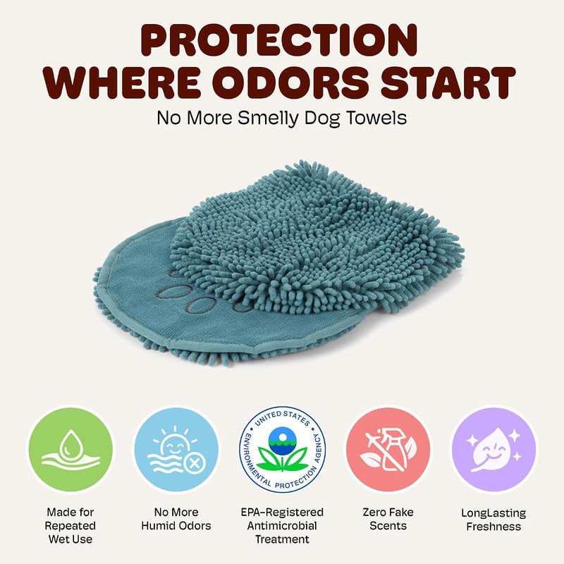 Dog Gone Smart The Dirty Dog Shammy - Antimicrobial Microfiber Dog Towel for Odor Control, Fast-Drying Plush, Dual Hand Pockets & Elastic, Super Absorbent, Machine Washable, 31 x 13 in, Pacific Blue