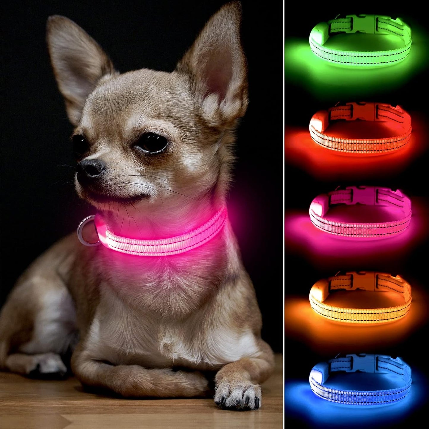BSEEN Light Up Dog Collar, Rechargeable LED Dog Collar Glow in the Dark Cat Collar Reflective Puppy Collar Safety Dog Lights for Night Walking (Pink, XS)