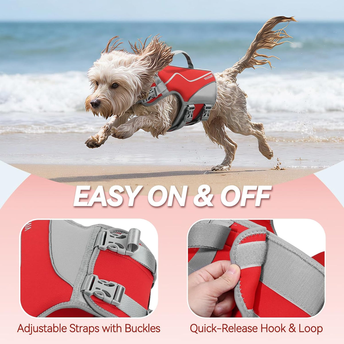 VIVAGLORY Dog Life Vest Neoprene Dog Swim Vest, M, Red | High Visibility Adjustable for Doggy Cat Puppy, Lifejacket with Leash Ring & Handle for Swimming & Boating