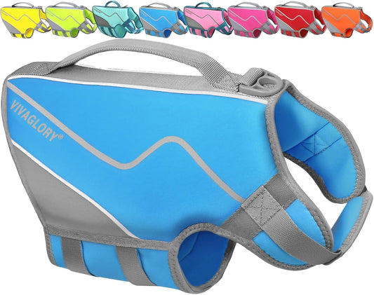 VIVAGLORY Dog Life Vest Neoprene Dog Swim Vest, XS, Cyra Blue | High Visibility Adjustable for Doggy Cat Puppy, Lifejacket with Leash Ring & Handle for Swimming & Boating