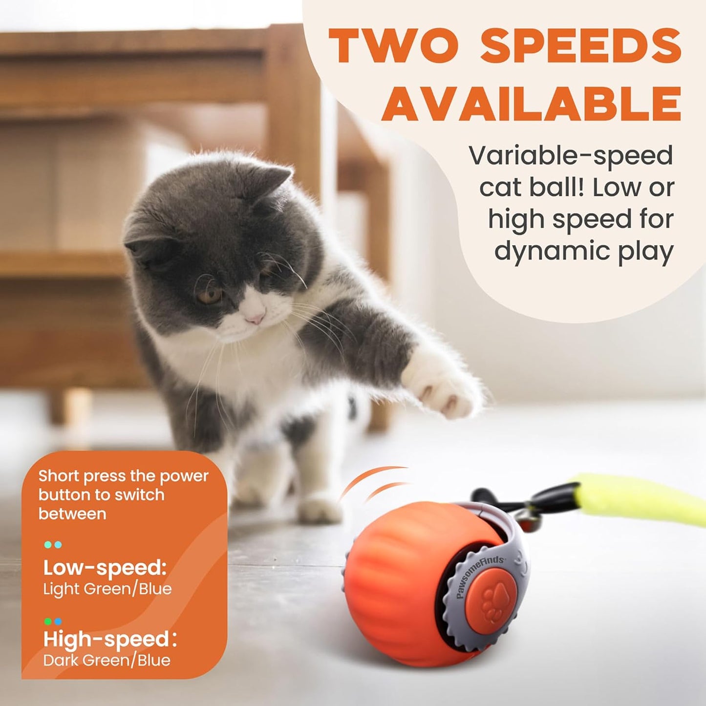 Interactive Cat Toy for Indoor Cats, Two Speed Smart Automatic Cat Toy Moving Ball with Tail, Rechargeable Motion Activated Cat Toys for Bored Indoor Adult Cats